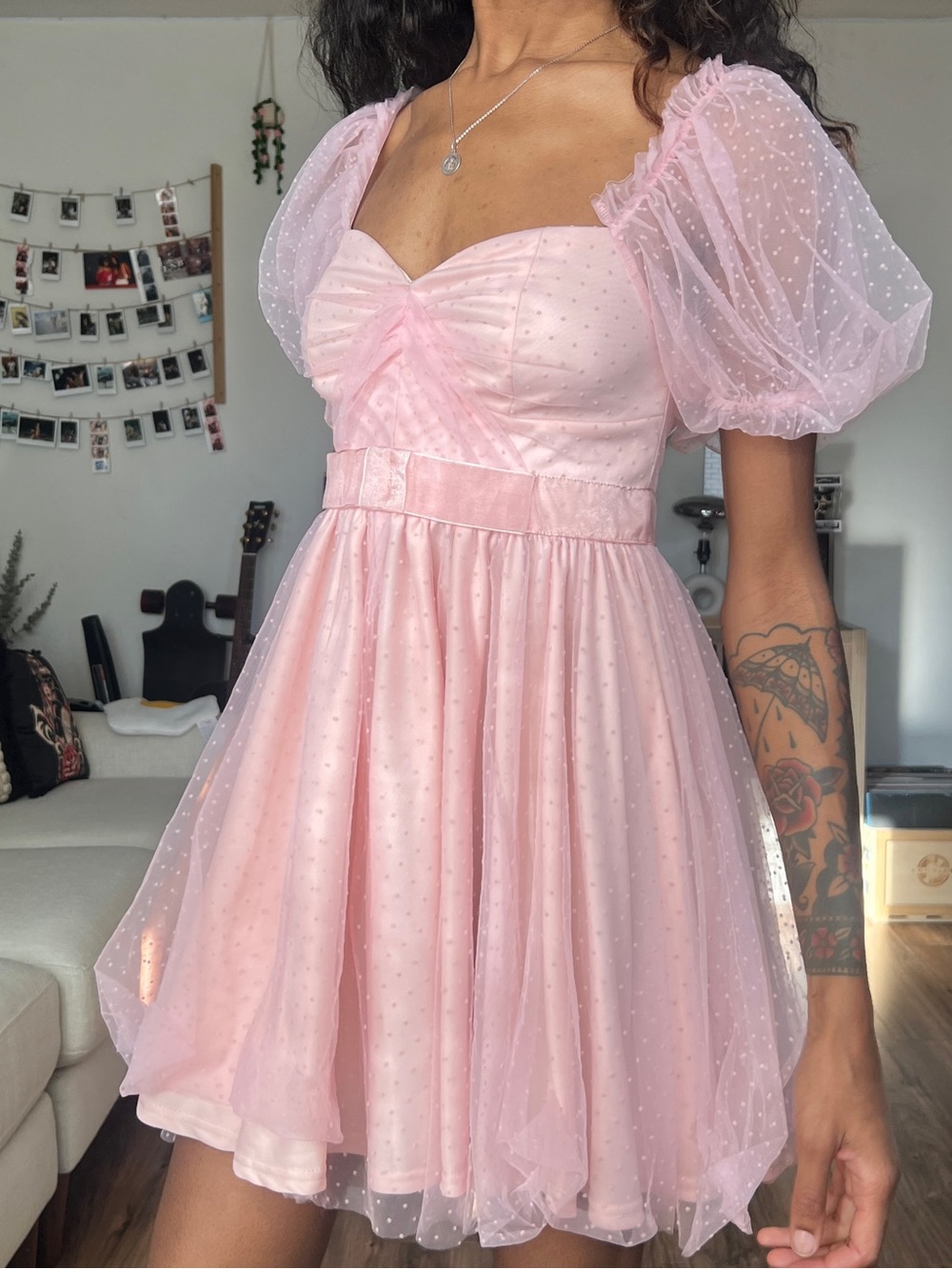Pink Polkadot Puff Sleeve Babydoll Dress
